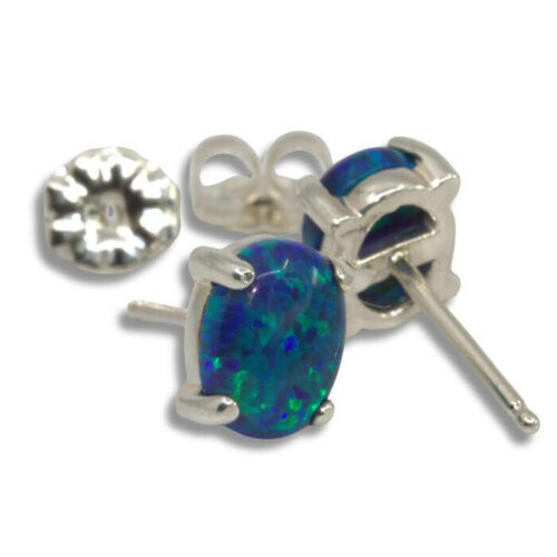 Lab Created Blue Opal Oval Cabochon Earrings