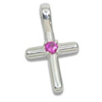 Smooth Cross Pendant with 3mm Lab Created Gemstone - Lab Pink Sapphire