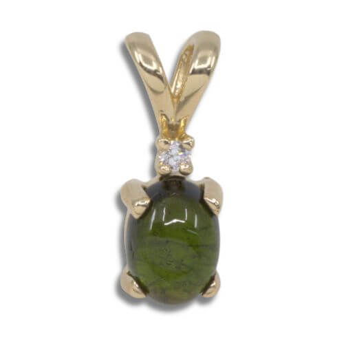 Green Tourmaline Cabochon Accented 14kt Yellow Gold Pendant