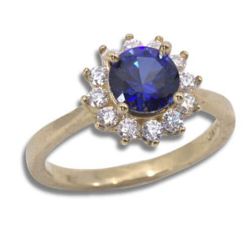 Lab Blue Sapphire 6.5mm Round Cluster Gold Ring