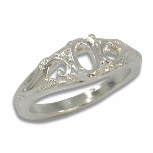 6x4mm Oval Cabochon Ornamental Floral Design Mounting - Sterling Silver