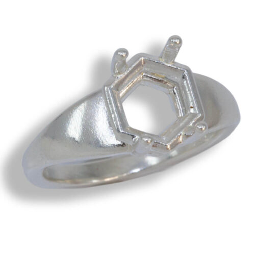 Hexagon Wide Band Solitaire Pre-notched Ring Mounting - Sterling Silver